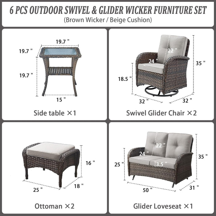 6 Pieces Wicker Patio Conversation Sets with Outdoor Swivel Rocker Chairs and Loveseat Glider Chair, All-Weather Rattan Furniture Set for Deck Patio Backyard Sunroom Brown