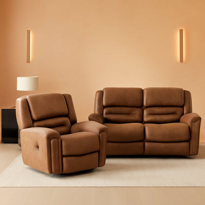 Manual Recliner Sofa Set, Faux Leather Reclining Living Room Set, Included Single Recliner Chair and Loveseat Manual Recliner Sofa, Brown(Recliner+ Loveseat)
