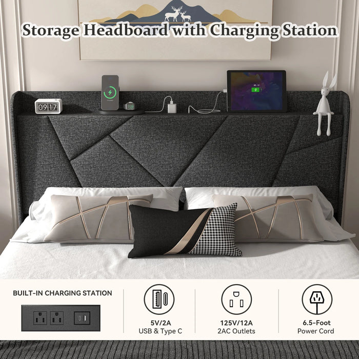 Queen Bed Frame with Charging Station, Upholstered Platform Bed with Wingback Storage Headboard, Dark Gray