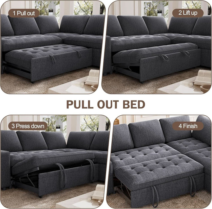 85 Inch Modular Sectional Sofa with Pull Out Bed, Chenille L Shaped Sectional Sofa with USB Ports/Reclining Backrest/Storage Seats, Tool-Free Assembly, Sofa Couch for Living Room Dark Grey