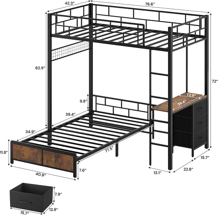 VintageBrown Twin Over Twin Loft BunkBed DeskCharging