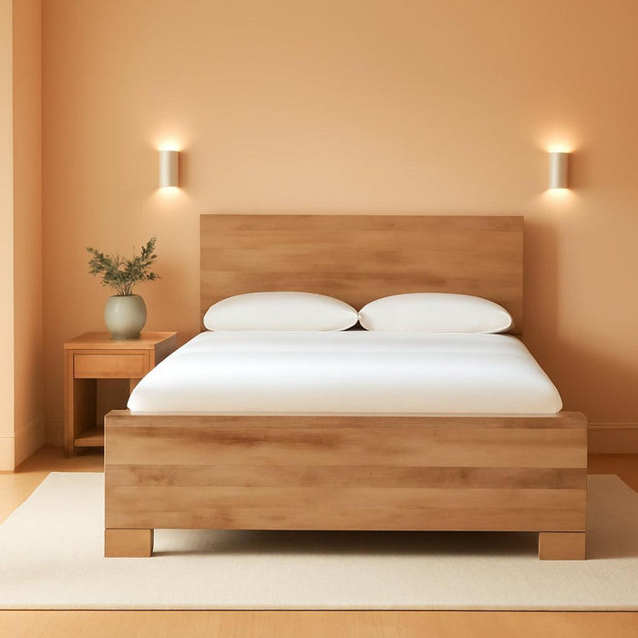 Hyanna Rustic Queen Panel Bed with Metal Slats, Foundation or Box Spring Needed, Light Brown