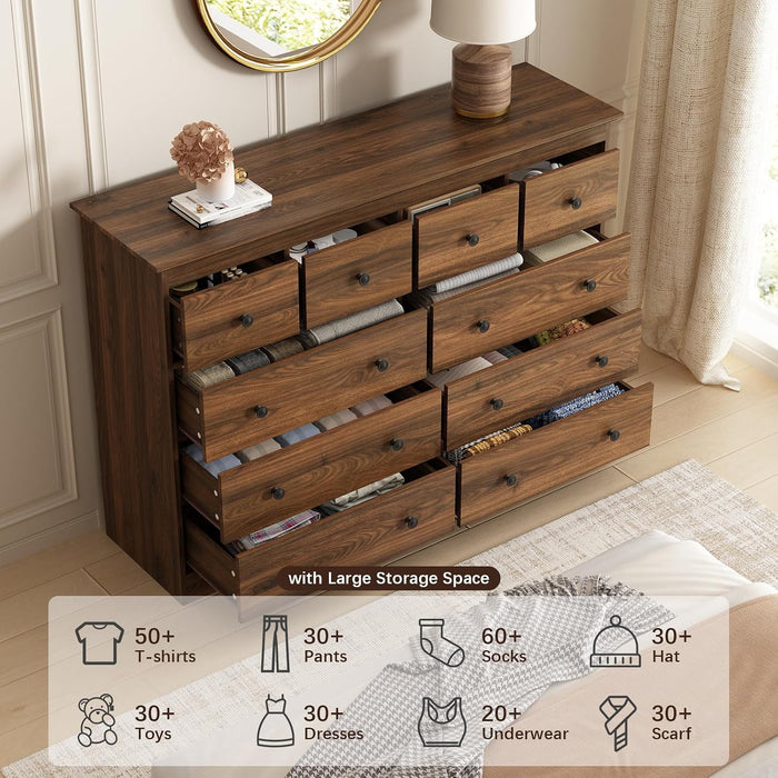 Modern 10 Drawer Dresser, 55.1" Wide Dressers & Chests of Drawers with Large Capacity Storage, Wood Mid Century Storage Dressers Organizer for Bedroom, Entryway, Brown