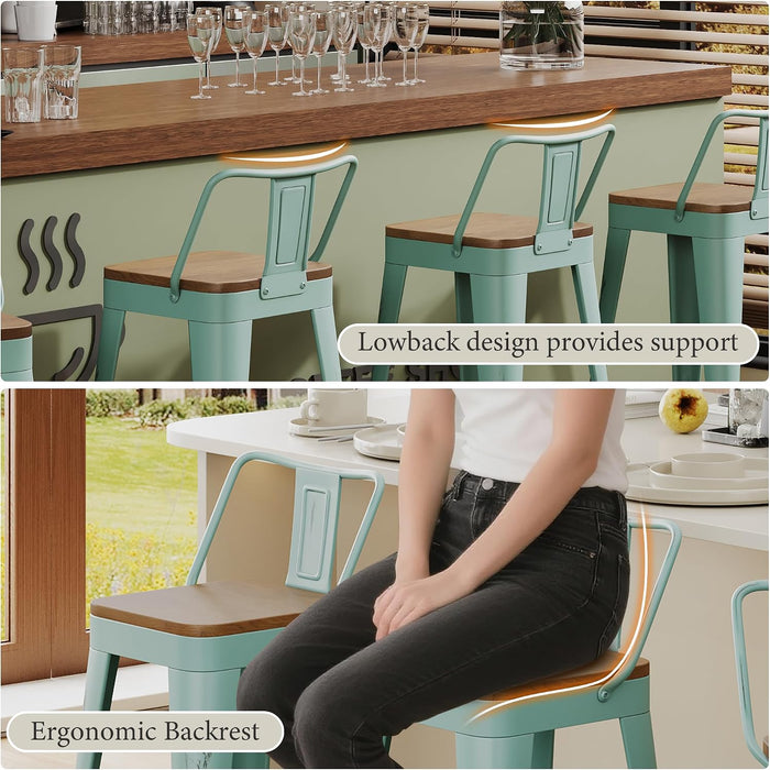Bar Stools Set of 4, 24" Distressed Barstools, Green Blue | Metal Modern Industrial Counter Height Stools, Distressed, Wooden Seat, Footrest, Counter Height, Set of 4, 350 Lb