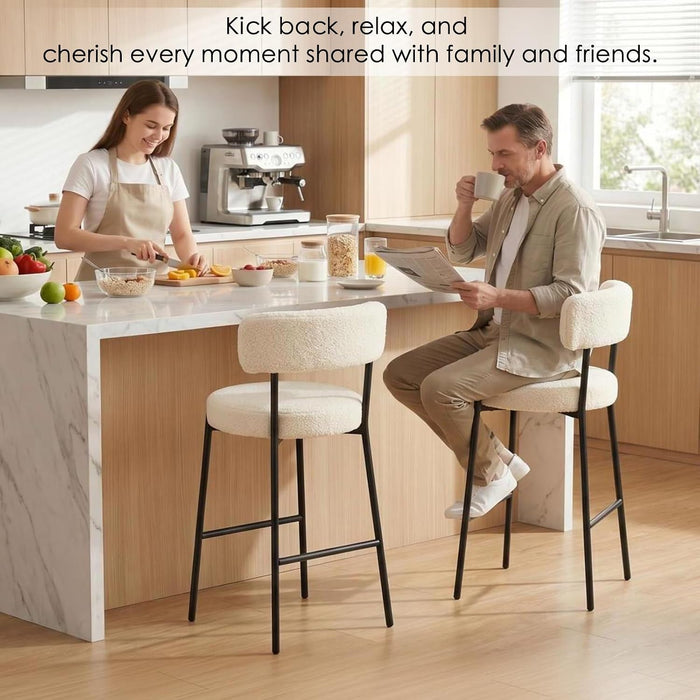 28'' Bar Stools Set of 3, Modern Boucle Counter Height Bar Stools with Ergonomic Curved Back, Upholstered Kitchen Stools, Barstools for Kitchen Island, Bar, Cafe, White