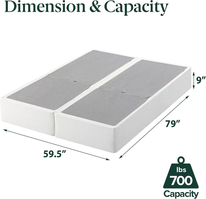 9 Inch Box Spring with Cover, No Assembly Mattress Foundation, Sturdy Metal Structure, Split Queen, White