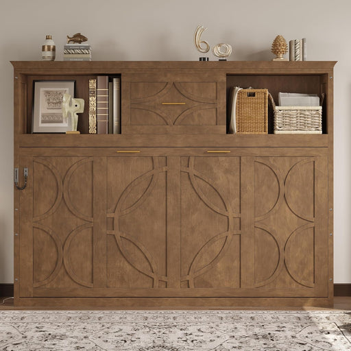 Natural Wood Twin Murphy Bed With StorageBookcaseDrawer