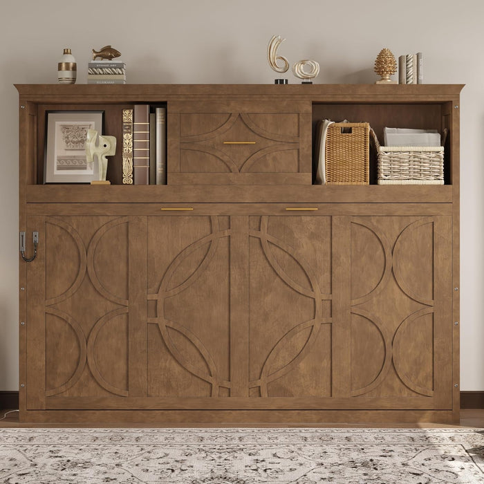 Natural Wood Twin Murphy Bed With StorageBookcaseDrawer