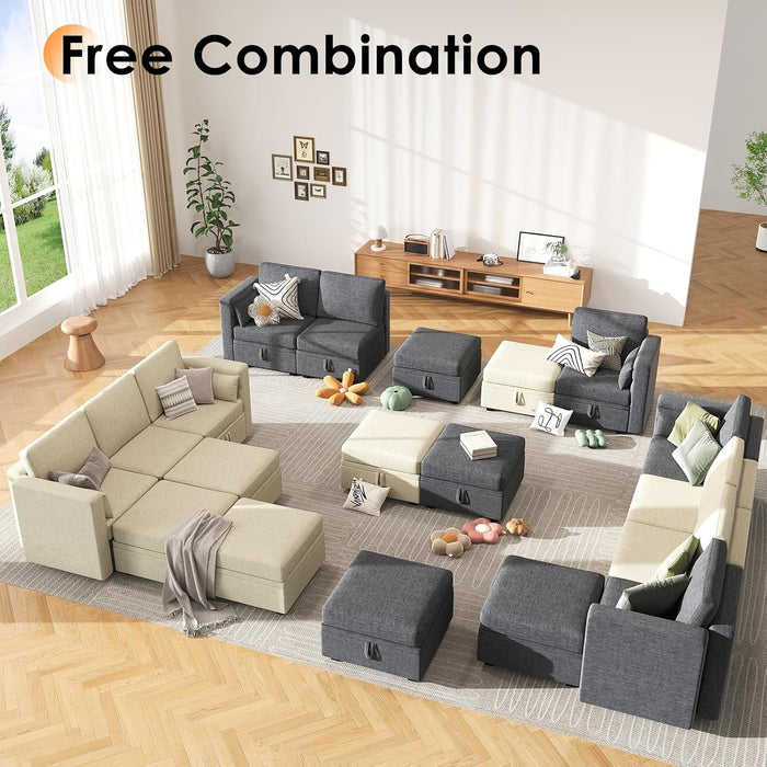 Modular Sectional Sofa, 5 Seats Chenille Sofa Set for Living Room, Convertible U Shaped Sectional Couch with Lagre Storage Ottoman, Sleeper Sofa for Office, Beige