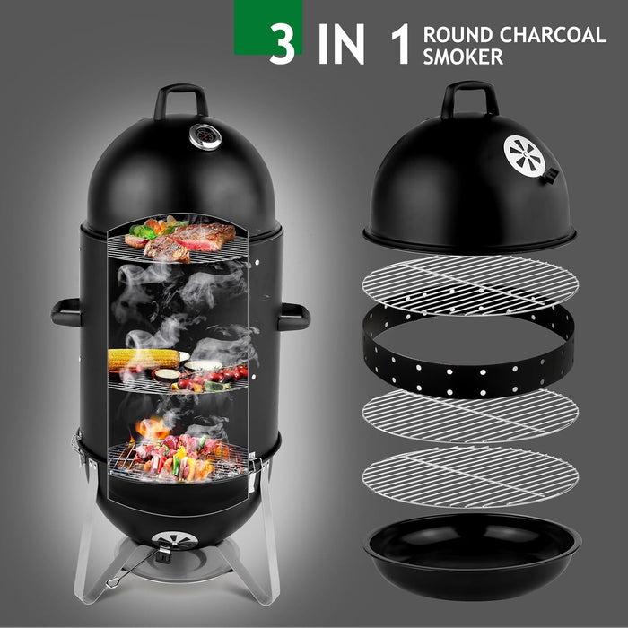 4-Tier 3-In-1 Vertical Charcoal Grill, BBQ Charcoal Smoker with Built-In Thermometer, Air Vent, and Access Doors, Perfect for Camping, Picnics, Backyard Bbqs, and Tailgating Parties