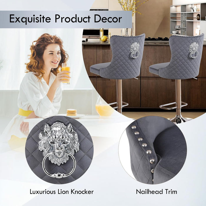 Velvet Adjustable Swivel Bar Stools Set of 4, High Tufted Back Modern Counter Height Stools Chrome Footrest/Lion Pull Ring/Rivet Trim/Diamond Pattern Kitchen Dining Pub Bar Chairs, Dark Grey