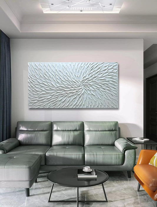 Handmade Textured White Abstract Flower Canvas Wall Art, 24X48 Inch Large Modern White Painting on Canvas with Heavy Impasto Acrylics, Ready to Hang