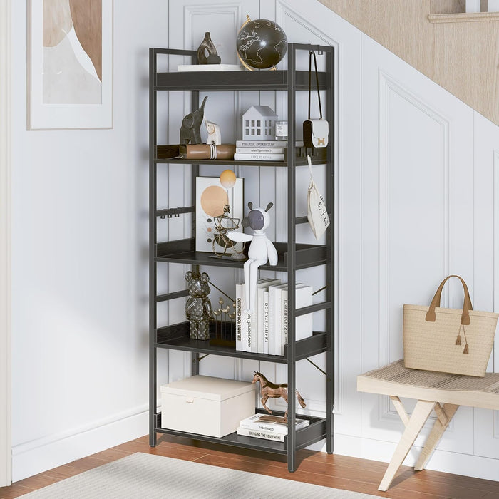 5 Tier Bookshelf, Adjustable Industrial Bookcase, Vertical Tall Book Shelf, Wood and Black Metal Open Bookshelves for Home Office, Living Room, Bedroom