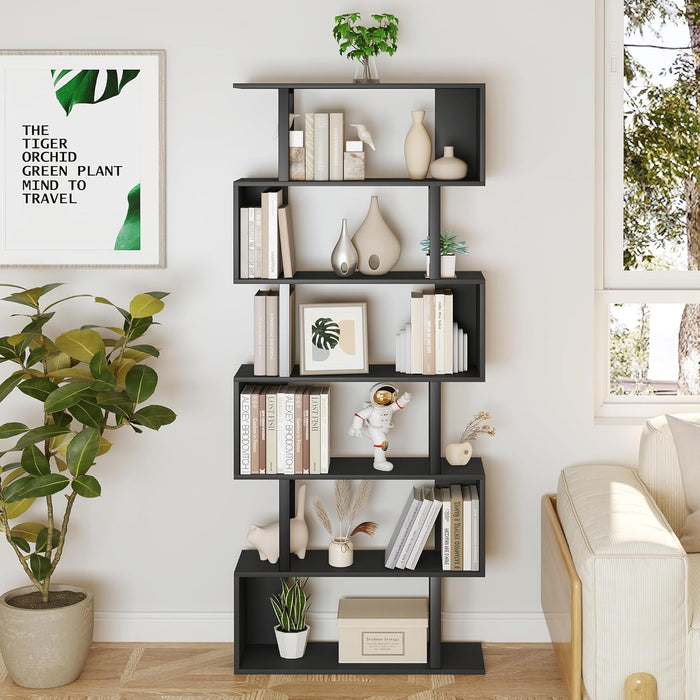 S Shaped Bookshelf, Modern Geometric Bookcase, 6-Tier Black Display Case Book Shelf