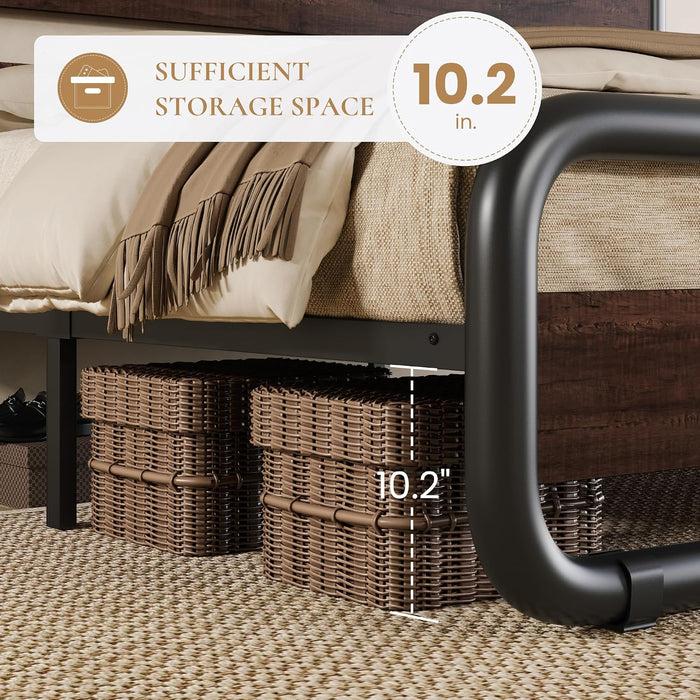 Full Size Metal Bed Frame with Wooden Headboard, Mahogany