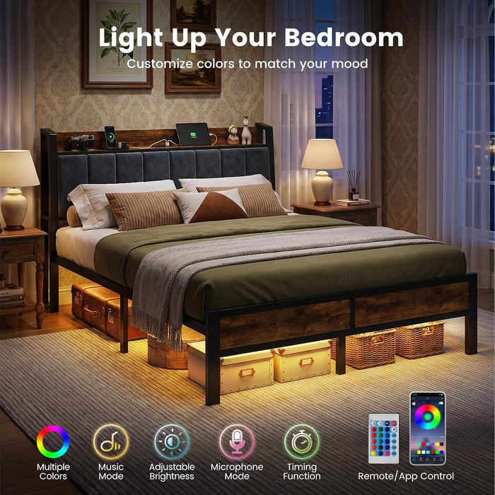 Queen Size Bed Frame with Storage Headboard, LED Lights