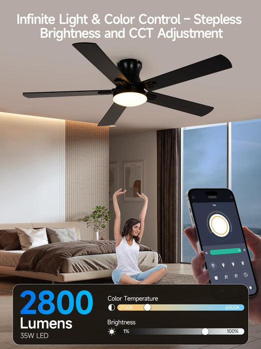 52 Inch Black Ceiling Fans with Lights, RGB Ceiling Fan with Remote and App,Flush Mount Low Profile, Dimmable 35W LED, Reversible, Smart Ceiling Fan for Bedroom Nursery Living Room Apartment