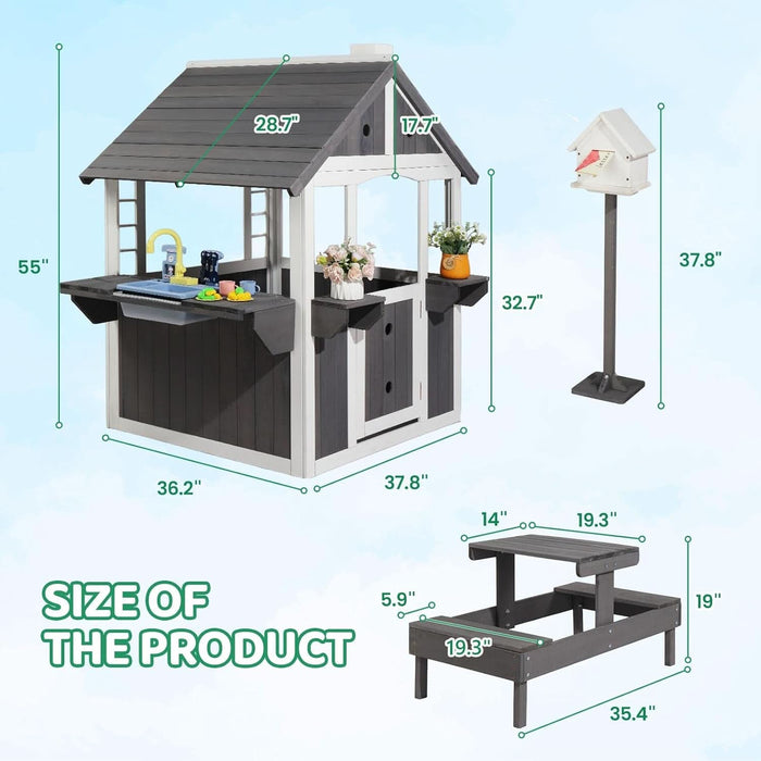 Kids Wooden Playhouse for Outdoor, Cottage with Sink, Picnic Table, Mailbox, Flowerpot Holders, Age 3-8 (Gray&White)