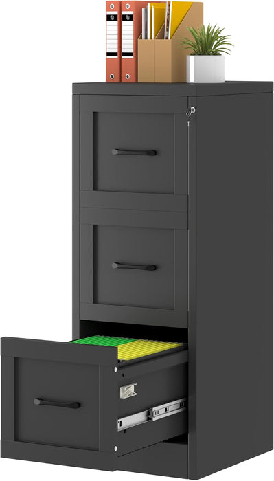 Metal 3 Drawer Vertical File Cabinet with Lock, Steel Lockable Filing Cabinet, Home Office Storage Cabinet Fits Letter A4 Legal Files, Anti-Tilt Full Extension Drawers for Document Organizer