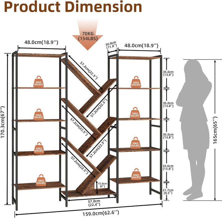Triple 5 Tier Bookcase, 17 Open Display Shelves Industrial Bookshelf