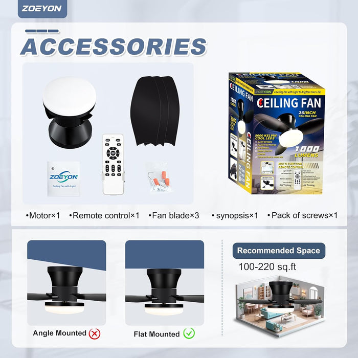 Small Ceiling Fan with Light - 26 Inch Flush Mount Ceiling Fan with Lights and Remote, Low Profile Ceiling Fans with 3 Reversible Blades, 6 Wind Speeds, Black Ceiling Fans for Bedroom