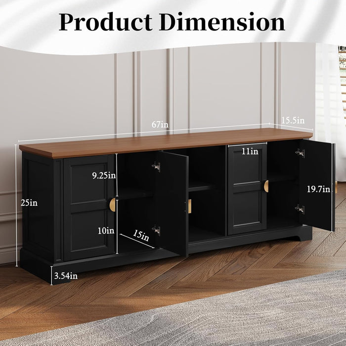 67” Modern TV Stand for Tvs up to 75+ Inch, Shaker Style Television Console Table, Entertainment Center with Storage Cabinets, Wood Media Furniture for Living Room, Bedroom, Black