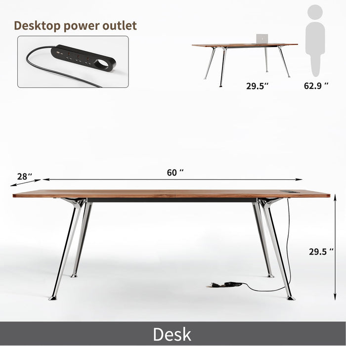 Writing Computer Desk, 60-Inch Large Executive Desk Office Workstation with Chrome-Plated Legs and Built-In Power Outlet, Writing Table Business Furniture, Modern Minimalist Style for Home Office