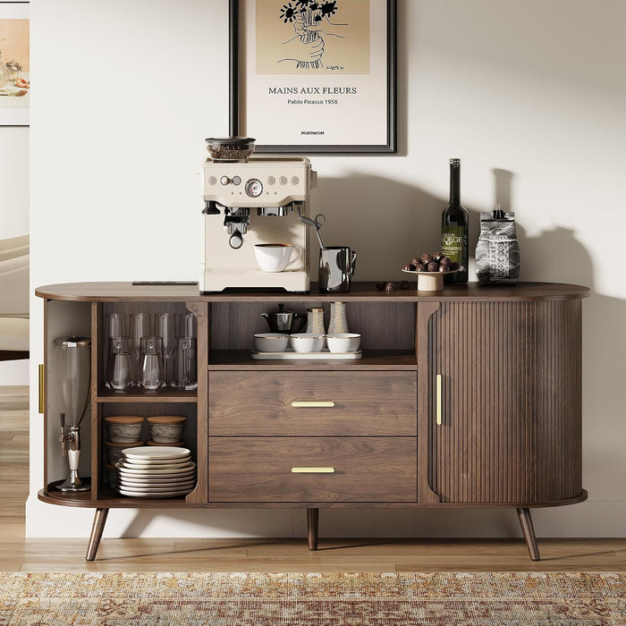 60" Sideboard Buffet Cabinet, Walnut Buffet Sideboard Storage Cabinet, Sliding Door & Adjustable Shelf, Mid-Century Modern Accent Coffee Bar Console Table for Kitchen, Entryway/Living Room/Dining Room