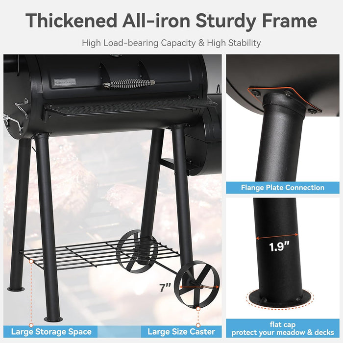 Offset Smoker Charcoal Grills with 28 Inch Cook Chamber, Barrel Smoker and Charcoal Grill Combo, 512 Sq. In. Space Barrel Smoker Grill for Outdoor BBQ Patio Backyard Cooking