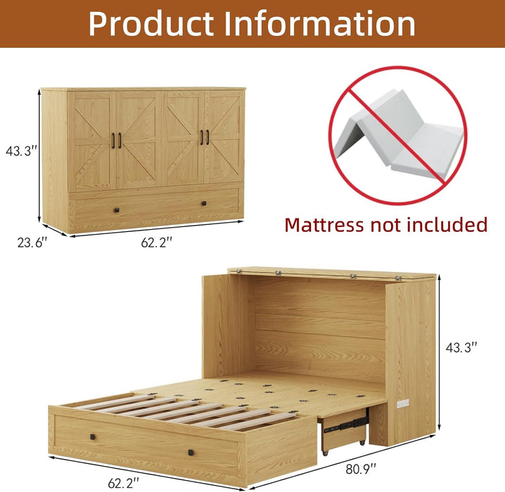 Murphy Bed Queen with Storage & Charging Station, Murphy Cabinet with Foldable Panel, Noisy Free, for Guest Bedroom, Living Room, Office, Distressed,Natural
