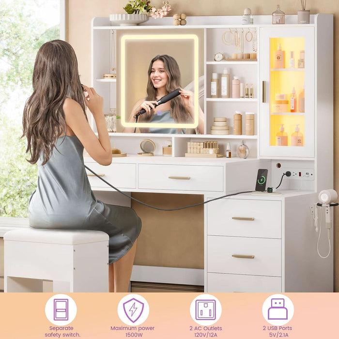 Makeup Vanity Desk with Sliding LED Lighted Mirror, 47.2"W Large Vanity Desk with Drawers, Shelves and Side Storage, RGB Glass Cabinet, White Vanity Table Set with Charging Station for Bedroom