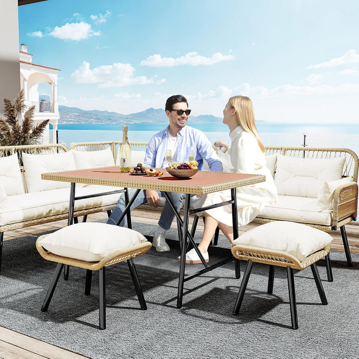 L-Shaped Rattan Patio Furniture Set Light Brown Beige