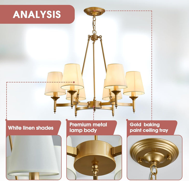 Gold Wagon Wheel Chandelier with White Linen Shade 6-Light Industrial Ceiling Light Fixture 26.8Inch Large Farmhouse Hanging Pendant Light for Dining Living Room Kitchen Bedroom Entryway Foyer