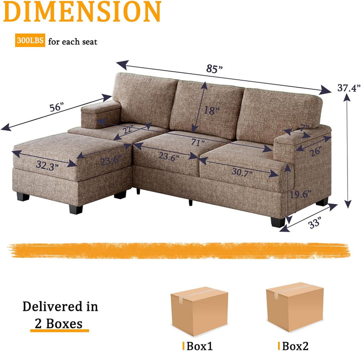 85'' L Shaped Couch with Armrest Organizer,3 Seats Sofas with Movable Ottoman,Comfy Sectional Sofa with Thick Cushion,Chenille Sectional Couches for Living Room,Bedroom,Apartment,Home Furniture,Brown