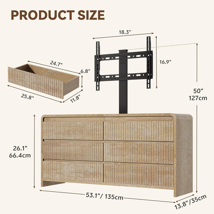 6 Drawers TV Stand with Mount for 26''-75'' Tvs, 53 Inch Entertainment Center W/Power Outlet, Curved Profile Design, Height Adjustable, Media Console with Drawer for Living Room, Natural Oak