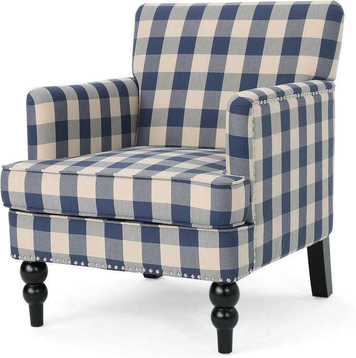Luxurious Upholstered Blue Checkerboard Club Chair