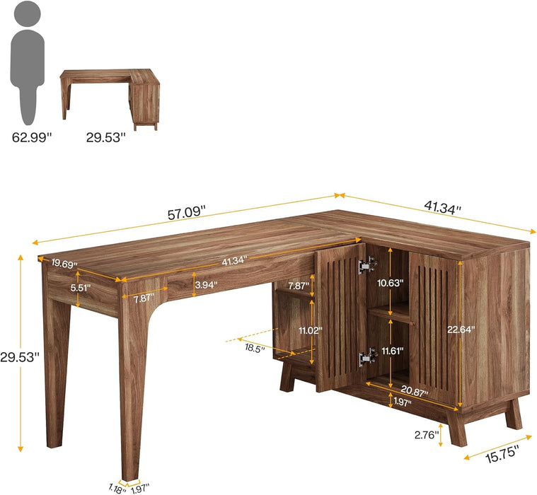 L Shaped Desk with Storage Cabinet & Shelves, 57" Large Corner Computer Desk for Home Office, Modern Wood Writing Desk with Smart One-Side Storage, Space-Saving Workstation for Study & Work