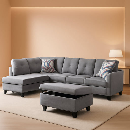 3-Piece Flannel Sectional Sofa Set with Left Facing Chaise and Storage Ottoman, Pillow, L-Shaped Couch for Living Room, Office, Apartment, Grey