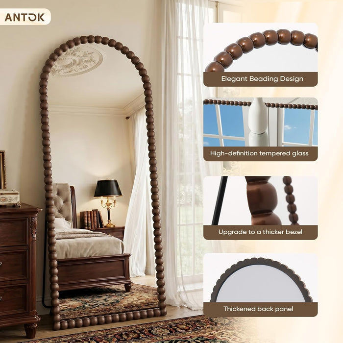 71" X 28" Arched Full Length Mirror, Antique Beaded Frame Floor Standing or Wall Mounted Mirror with Stand for Bedroom, Entryway, Brown, Luxury Style