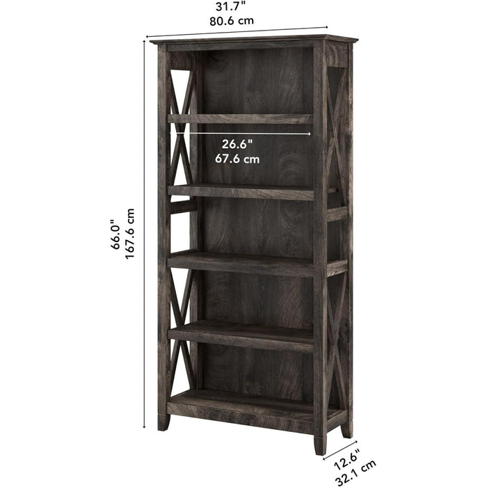 Bush Furniture Tall 5 Shelf Bookcase for Living Room or Home Office, Large Bookshelf, Modern Farmhouse Style, Key West Collection, Dark Gray Hickory
