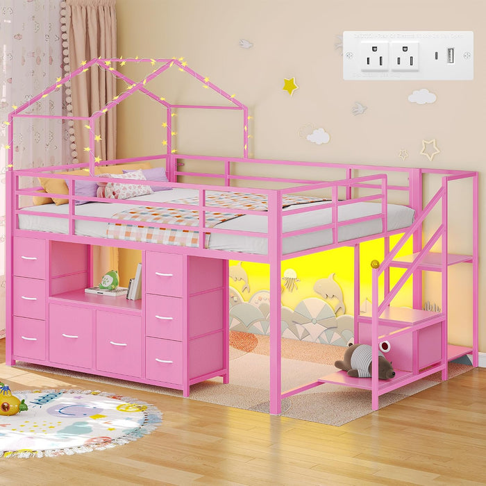 Pink Full Size LoftBed With Integrated Illumination