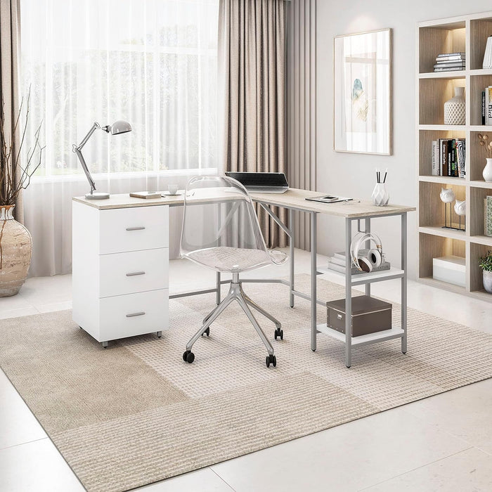 L Shaped Desk - Two-Toned Computer Desk with Drawers & Storage Shelves - Simple Modern Furniture & Home Office Space Corner Table for Work & Writing