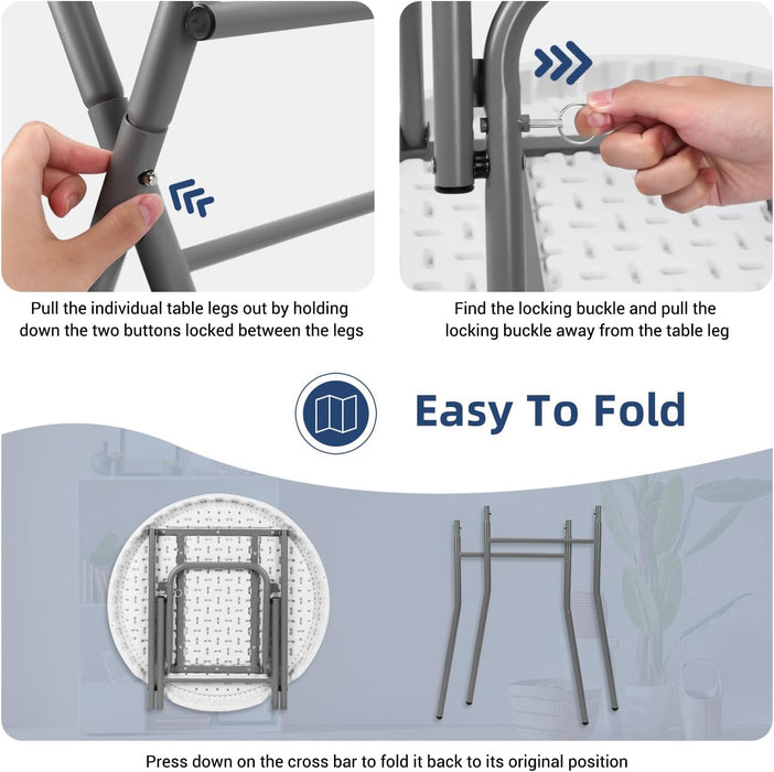 Cocktail Table 28In Folding round High Top Indoor Outdoor with Removable Legs, Tall Bistro Foldable Bar Height Table for Parties, Patio, Backyard, Dining, Wedding, White- 2PCS