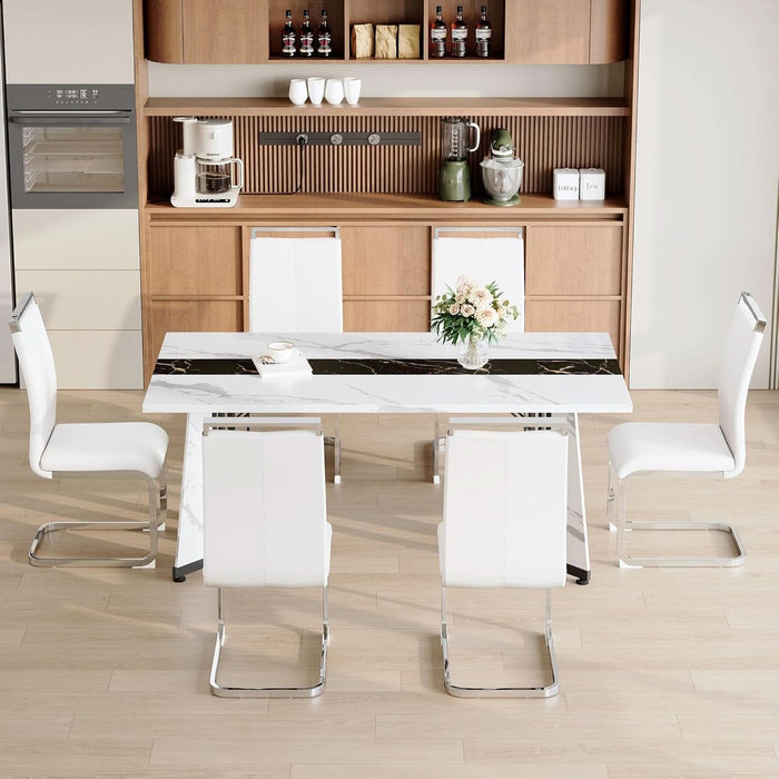 Dining Table Set for 6,White Marble 71'' Dining Room Table with Spacious Legroom and White Leather Dining Chairs,Easy Assembley,7 Pieces Kitchen Table and Chairs for Dining Room,Restaurant