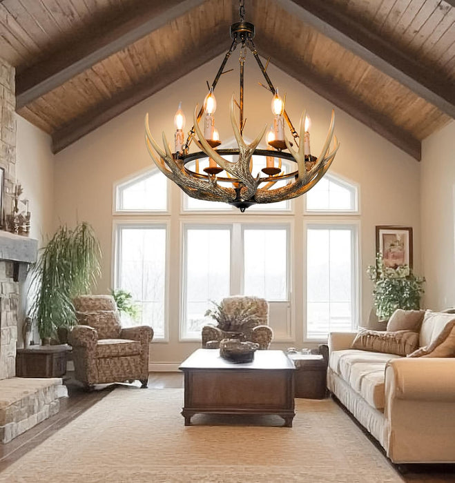 Six-Light Rustic Antler Chandelier With Wagon Wheel