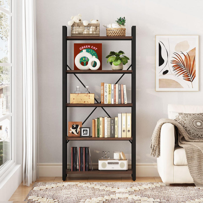 5 Tier Industrial Bookshelf Dark Walnut WoodFinish