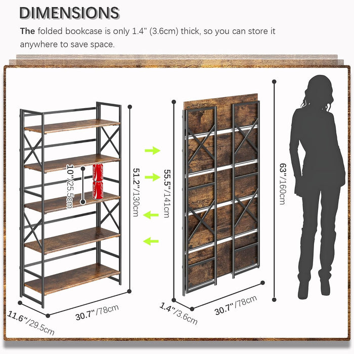 Extra Wide 5 Tiers No Assembly Book Shelves, 51.2" H Folding Bookshelf Bookcase Open Industrial Foldable Shelves for Bedroom, Living Room, Home Office - Rustic Brown Black