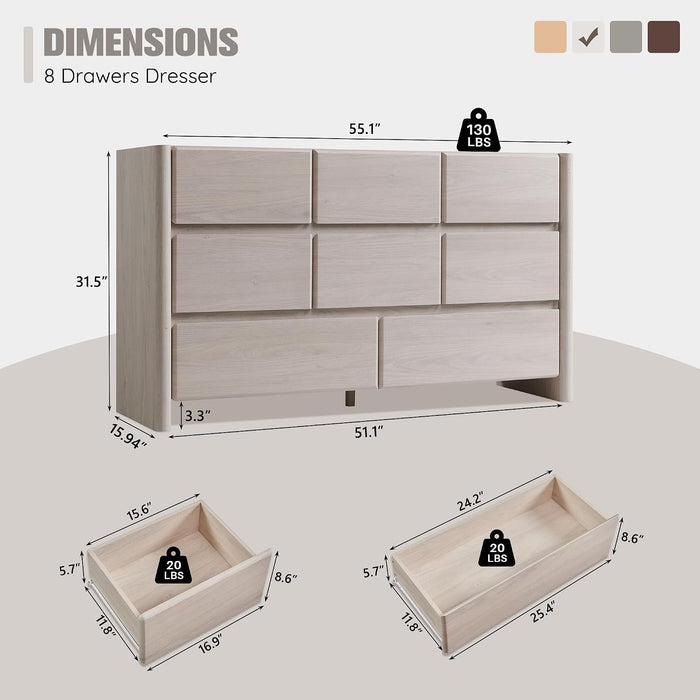 Modern 8 Drawers Dresser for Bedroom, 55" Wide Dresser-Cream