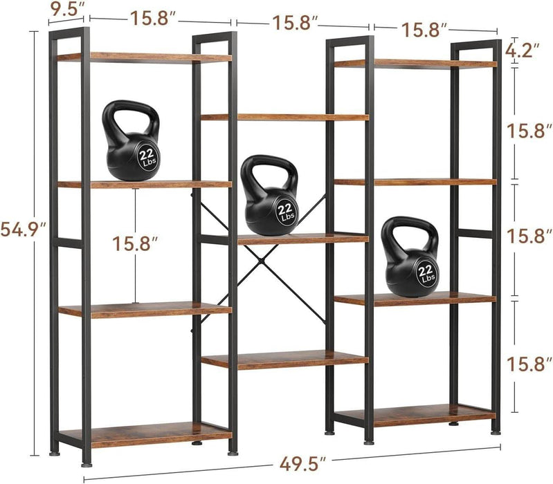Triple 4 Tier Bookshelf, Large Bookcase with 11 Open Display Shelves, Modern Industrial Book Shelves Book Case for Bedroom, Wide Standing Shelving Unit for Living Room Home Office, Vintage