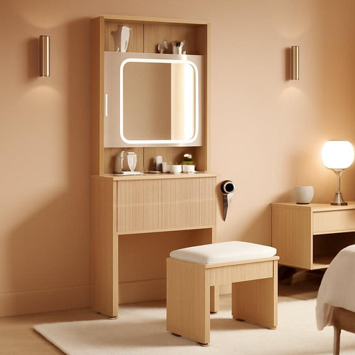 3 in 1 Vanity, Make up Vanity Desk with Mirror and Lights, Vanity Desk with Drawers and Storage, Modern Dressers for Bedroom, Wooden Dressing Table with Stool, 21.65X15.74X62.79 In